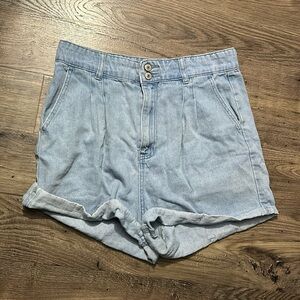 High waisted, pleated denim shorts